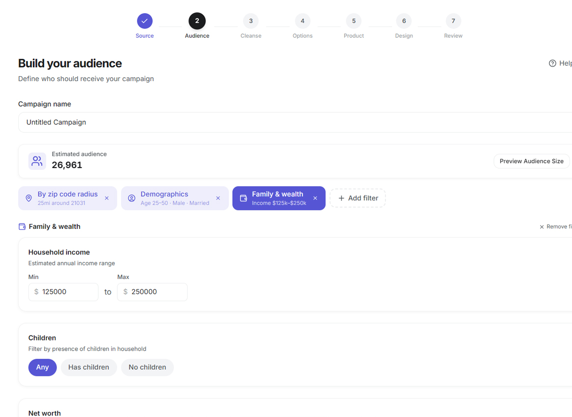 winback.io audience builder with geographic and demographic targeting filters