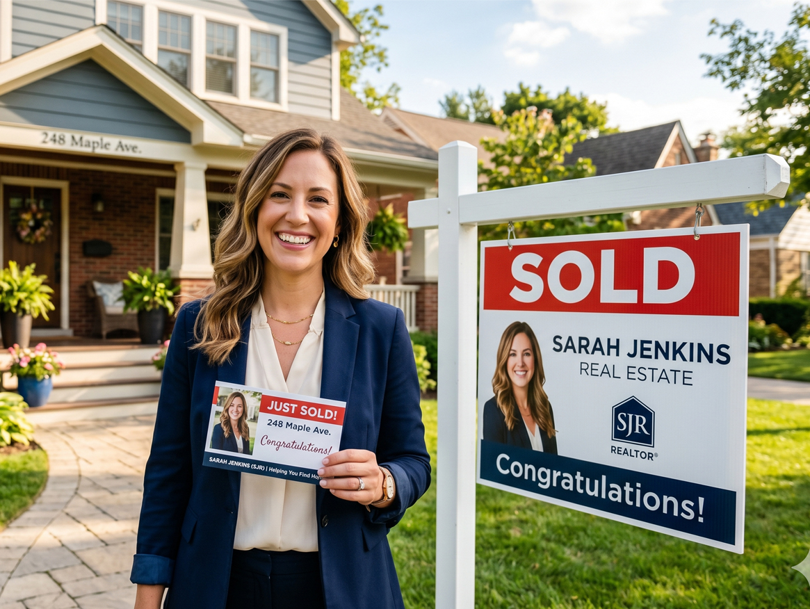 Realtor holding a direct mail postcard outside a home