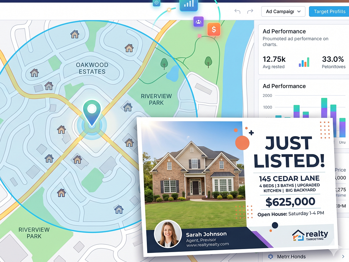 Real estate agent reviewing neighborhood targeting map with direct mail postcards